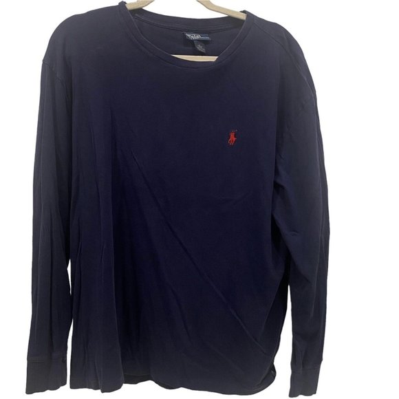 POLO RALPH LAUREN Men’s BLUE Crew Neck Long Sleeve Cotton Shirt Red Logo LARGE - Picture 1 of 4
